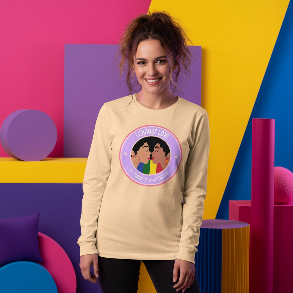 Model wearing a beige long-sleeve shirt reading “I CHOOSE LOVE” with two people kissing