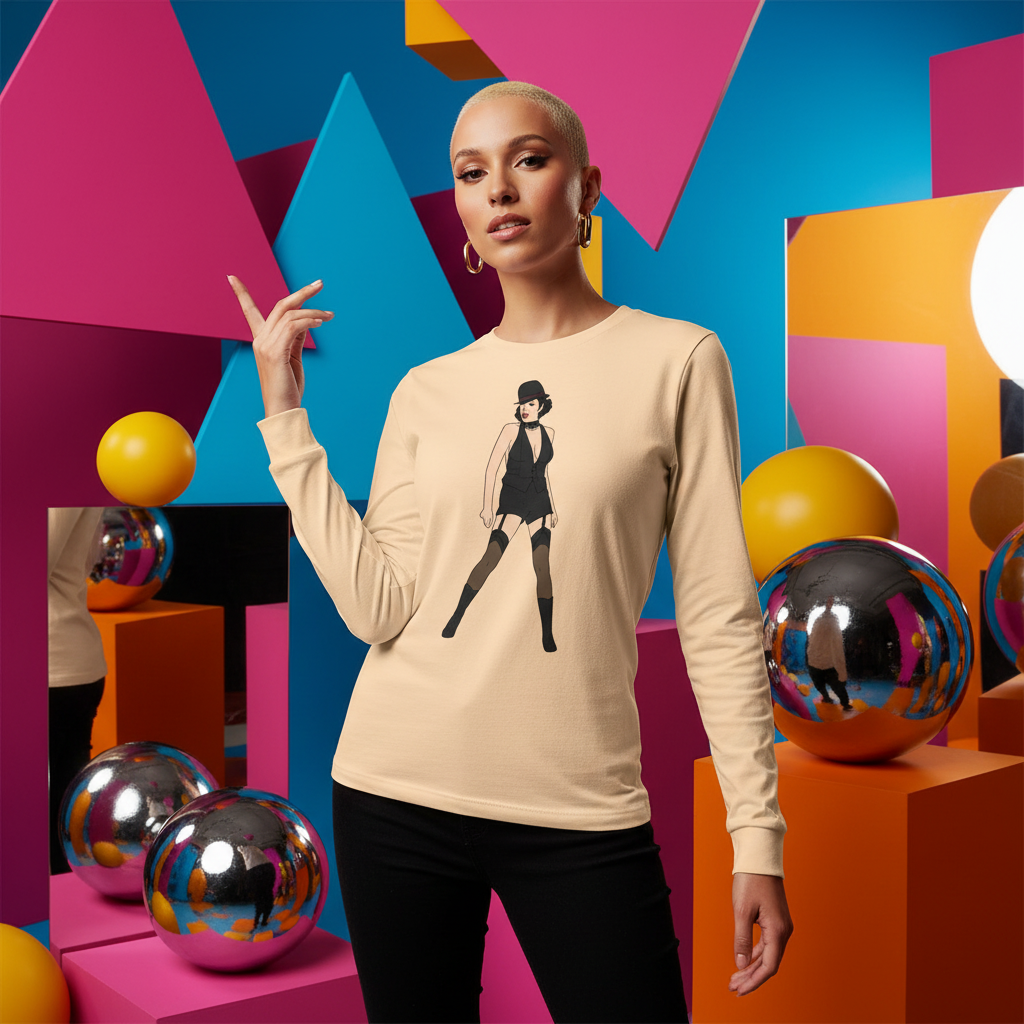 Model wearing a beige long-sleeve shirt with a black dancing person illustration