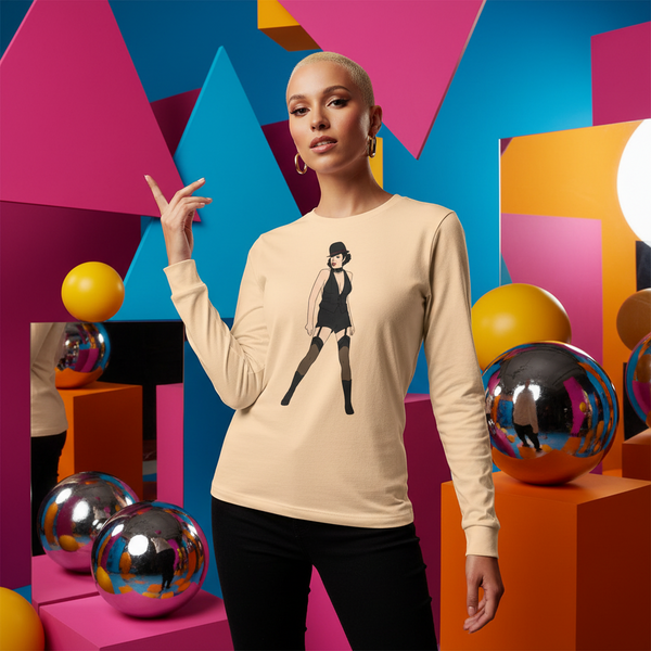 Model wearing a beige long-sleeve shirt with a black dancing person illustration