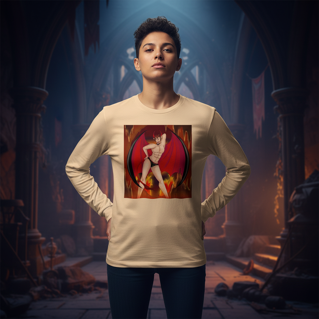Model wearing a beige long-sleeve shirt with a red devil illustration