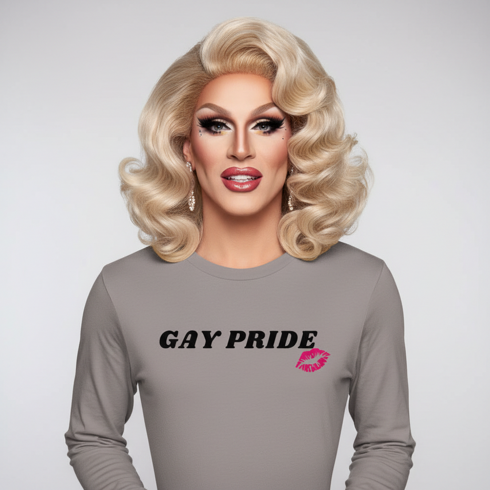 Front-facing model in drag wearing a gray long-sleeve shirt reading “GAY PRIDE” with a pink lip print