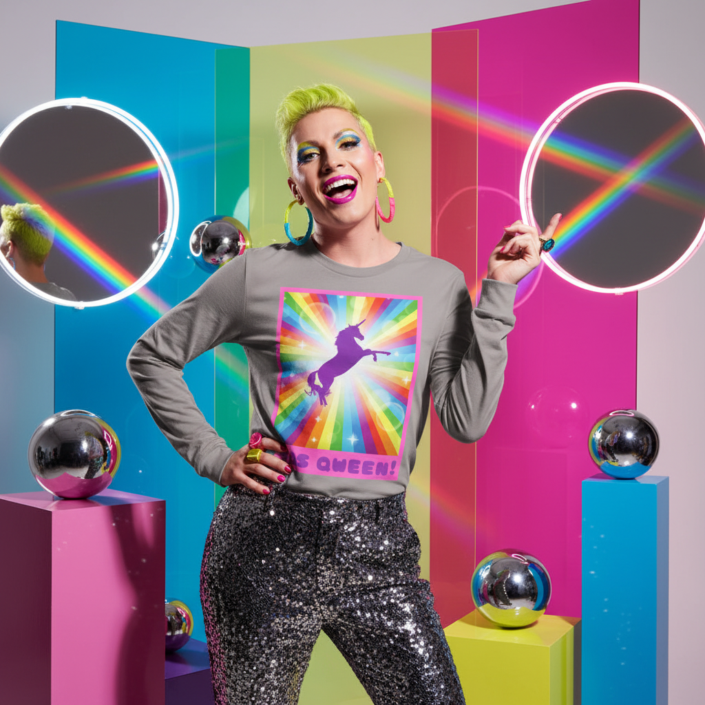 Person with neon-yellow hair wears a Yas Qween! Unisex Long Sleeve T-Shirt featuring a unicorn and rainbow design, embodying bold queer pride amid a vibrant, disco-themed setting.