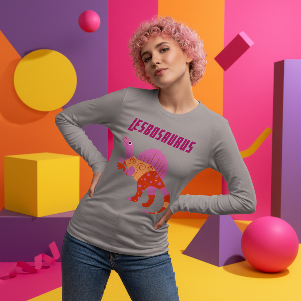 Model wearing a gray long-sleeve shirt with a colorful dinosaur and “LESBOSAURUS” graphic