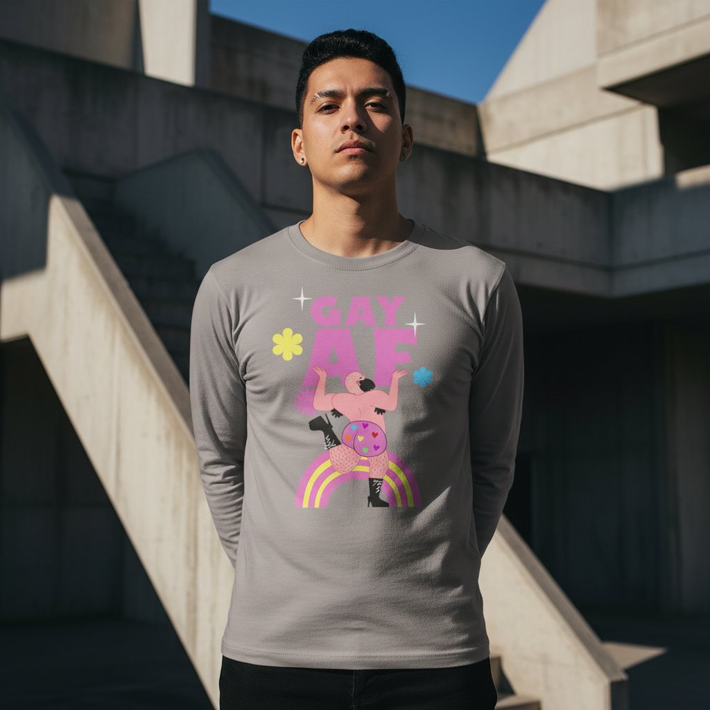 Young man wearing the Gay AF Unisex Long Sleeve T-Shirt, showcasing a vibrant design with a dancing figure, hearts, flowers, and rainbow, embodying pride and self-expression against a concrete architectural backdrop.