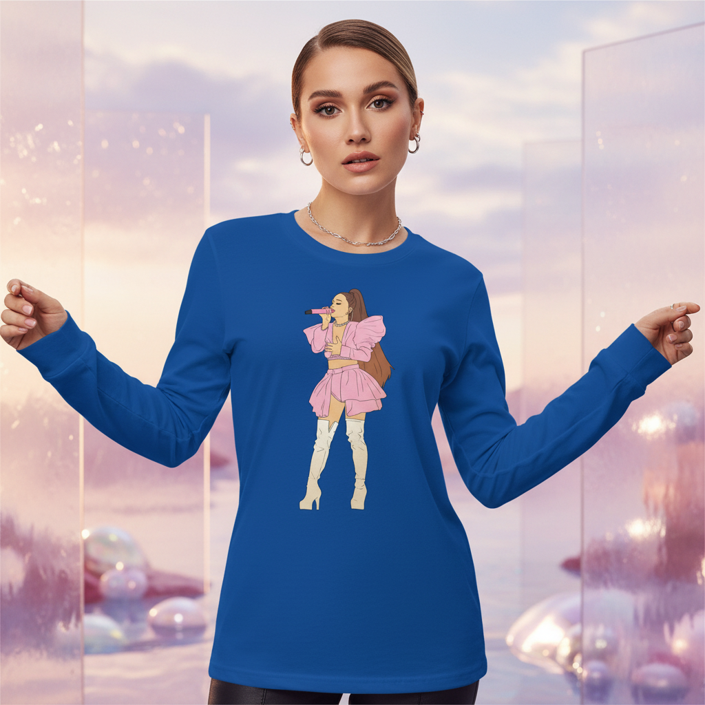 Ariana Grande Unisex Long Sleeve Tee features a vibrant graphic of a singer, embodying bold, joyful queer energy. Ideal for versatile, prideful self-expression.