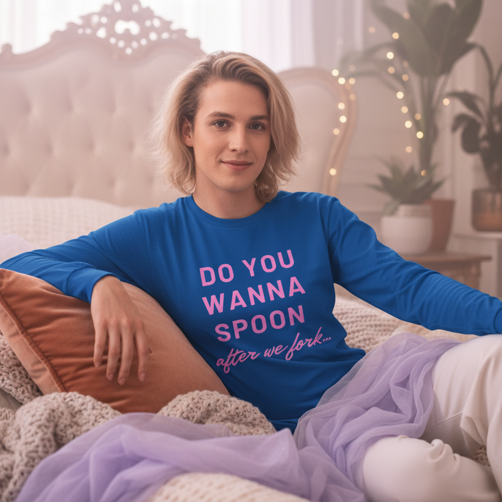 Person reclining on a bed in a blue long-sleeve shirt reading “DO YOU WANNA SPOON after we fork...”