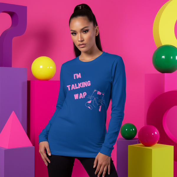 Model wearing a royal-blue long-sleeve shirt reading “I'M TALKING WAP” with a cat graphic