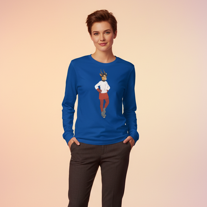 Model wearing a blue long-sleeve shirt with a central faun-like character graphic