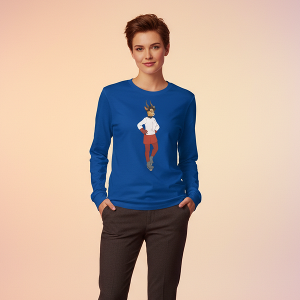 Model wearing a blue long-sleeve shirt with a central faun-like character graphic