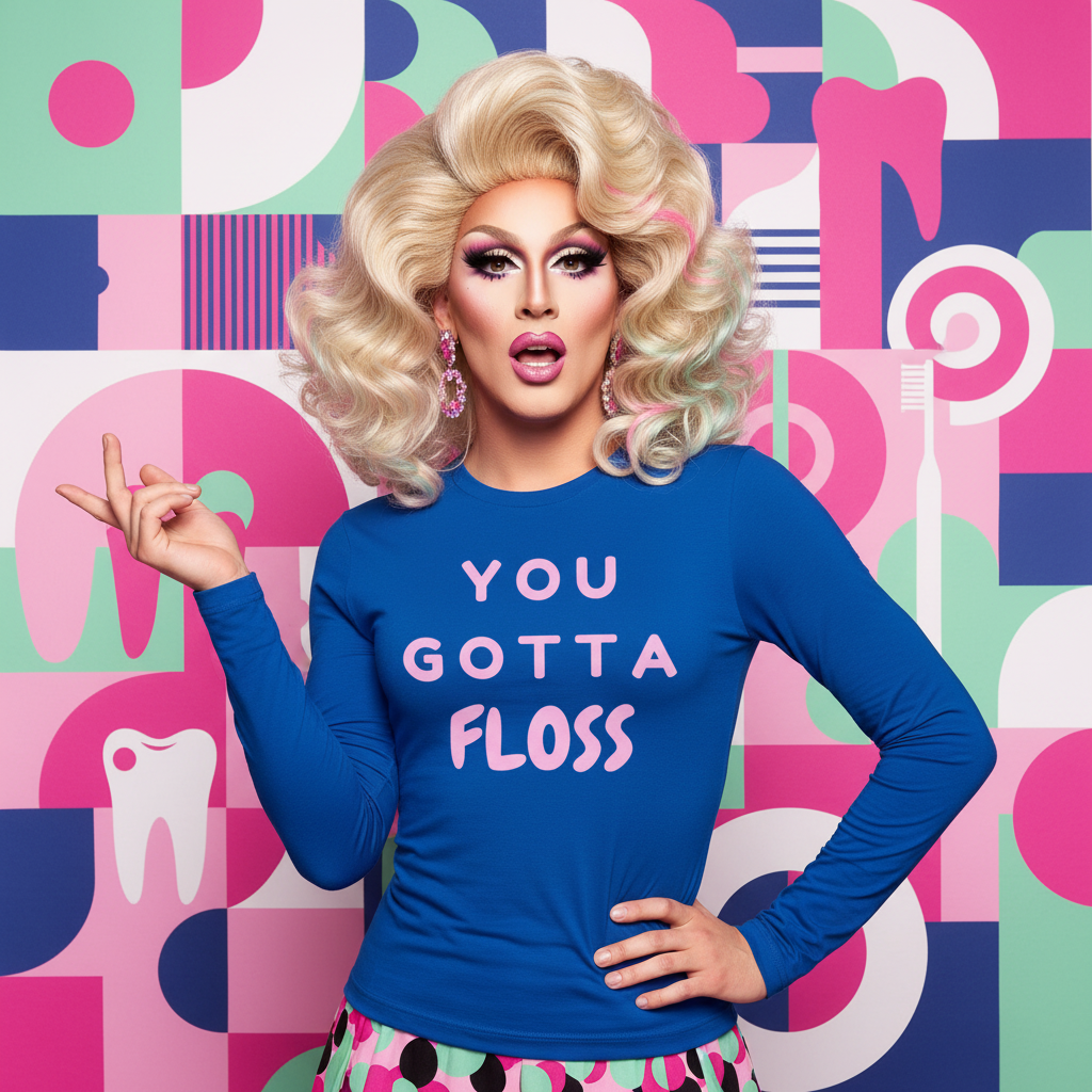 Front-facing drag performer in a blue long-sleeve shirt reading “YOU GOTTA FLOSS”