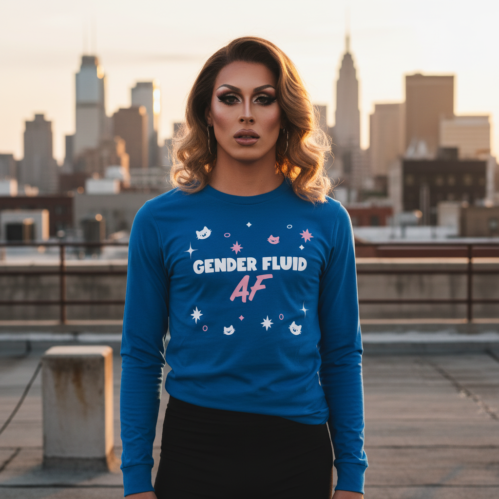 Person on rooftop wearing Gender Fluid AF Unisex Long Sleeve T-Shirt with bold white and pink print, featuring starbursts and cat faces, embodying self-expression and queer pride.