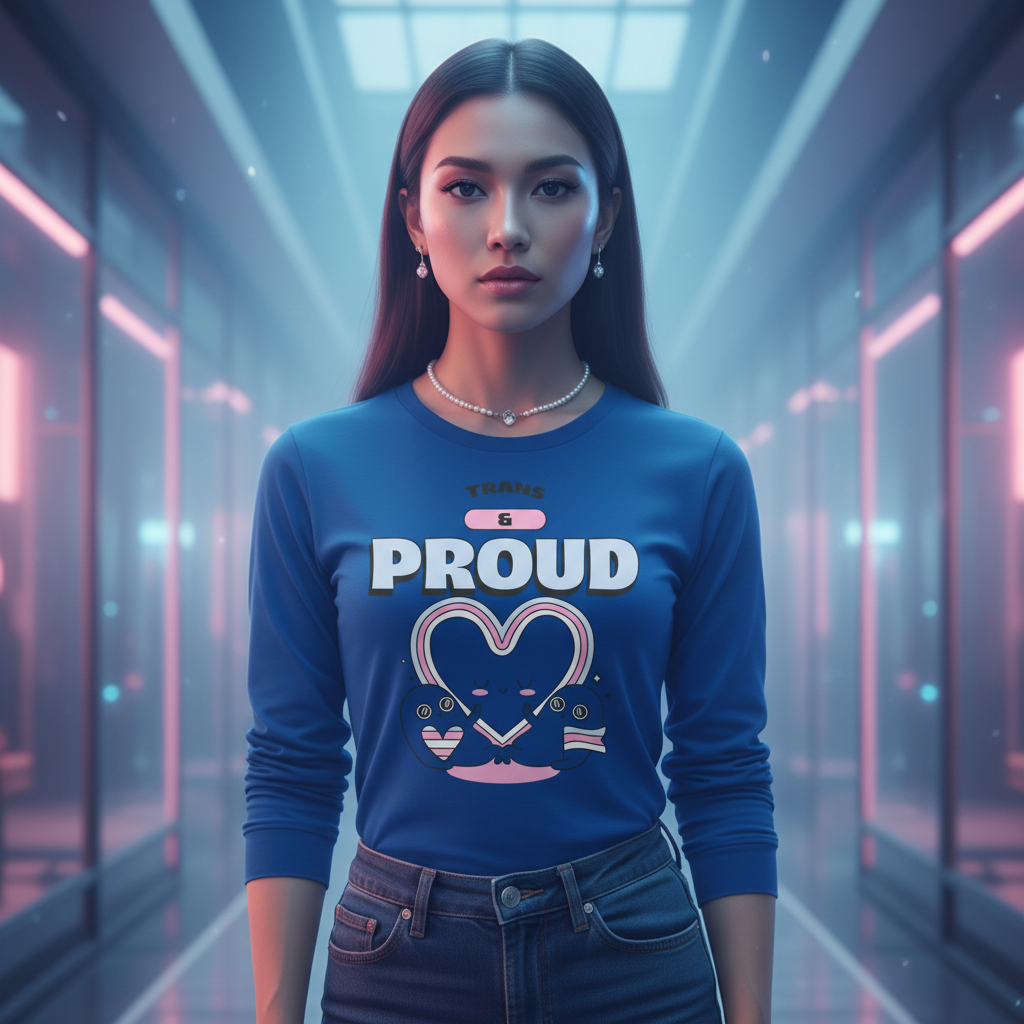 Person confidently wears the Trans & Proud Unisex Long Sleeve T-Shirt, featuring a trans-flag heart graphic and cartoon figures. Embracing pride and self-expression, perfect for celebrating LGBTQIA+ identity.