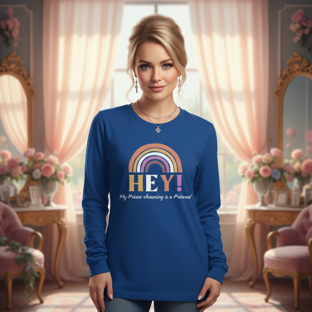 Young woman wearing the Hey! My Prince Charming Is A Princess! Unisex Long Sleeve T-Shirt, styled with a vibrant rainbow print and empowering slogan, set in a vintage-chic sitting room.