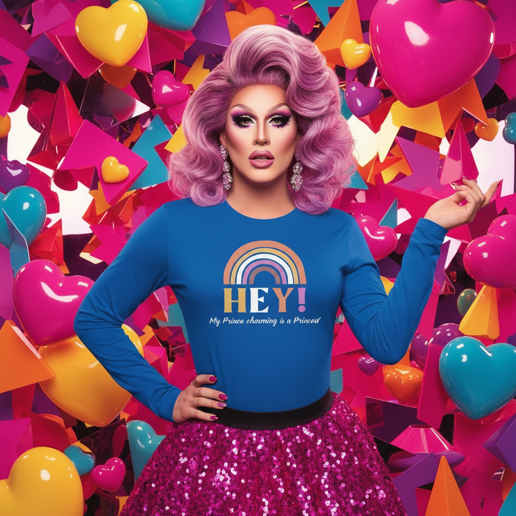 Drag performer in a pastel-pink wig and statement earrings wears the Hey! My Prince Charming Is A Princess! Unisex Long Sleeve T-Shirt with a rainbow graphic and hot-pink sequin skirt, exuding vibrant, prideful energy.