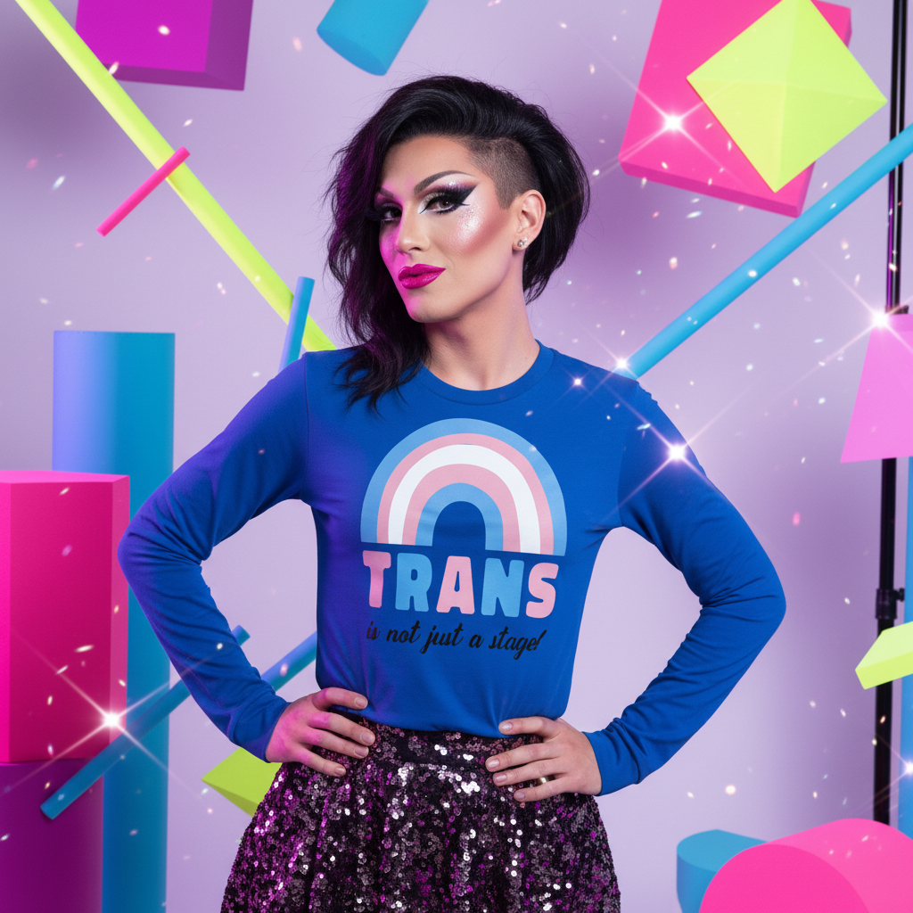 Drag performer in a Trans Is Not Just A Stage! Unisex Long Sleeve T-Shirt, featuring trans-flag colors and text, paired with a sequined skirt, embodying pride and queer self-expression.