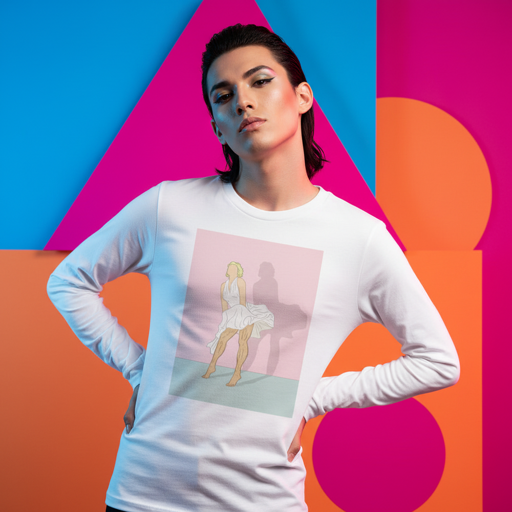 Model wearing a white long-sleeve shirt with a central illustration of a woman in a white dress
