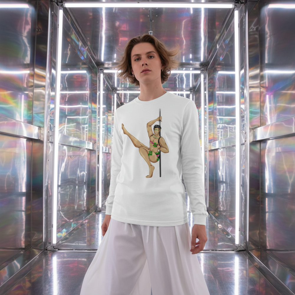 Gay Gogo Dancer Unisex Long Sleeve T-Shirt with a graphic of a dancer in a leotard and sheer white pants; queer model poses.