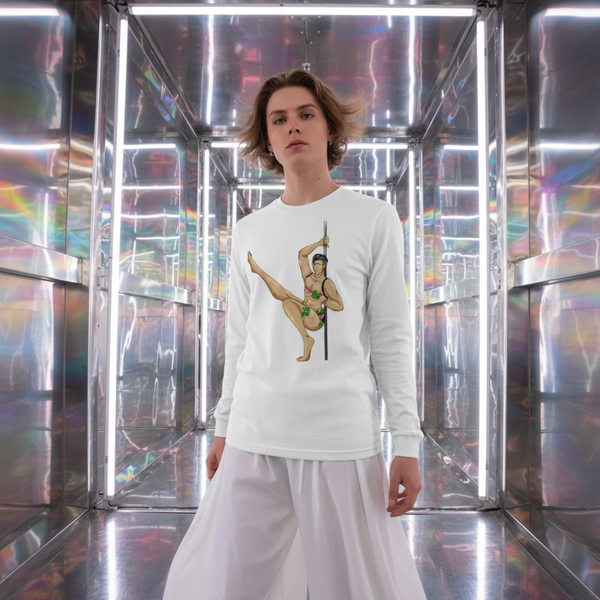 Gay Gogo Dancer Unisex Long Sleeve T-Shirt with a graphic of a dancer in a leotard and sheer white pants; queer model poses.