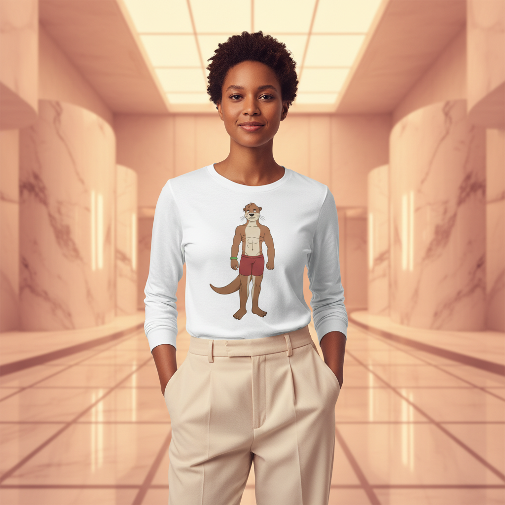 Gay Otter Unisex Long Sleeve T-Shirt with cartoon otter in trunks and sunglasses, worn by a smiling woman in beige trousers.