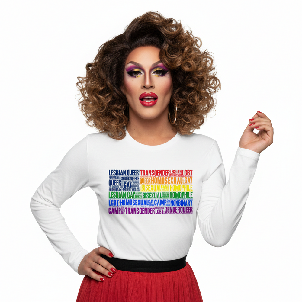 Gay USA Unisex Long Sleeve Tee with rainbow LGBTQ+ terms, worn by a drag queen in a red skirt, bold makeup, and lipstick.