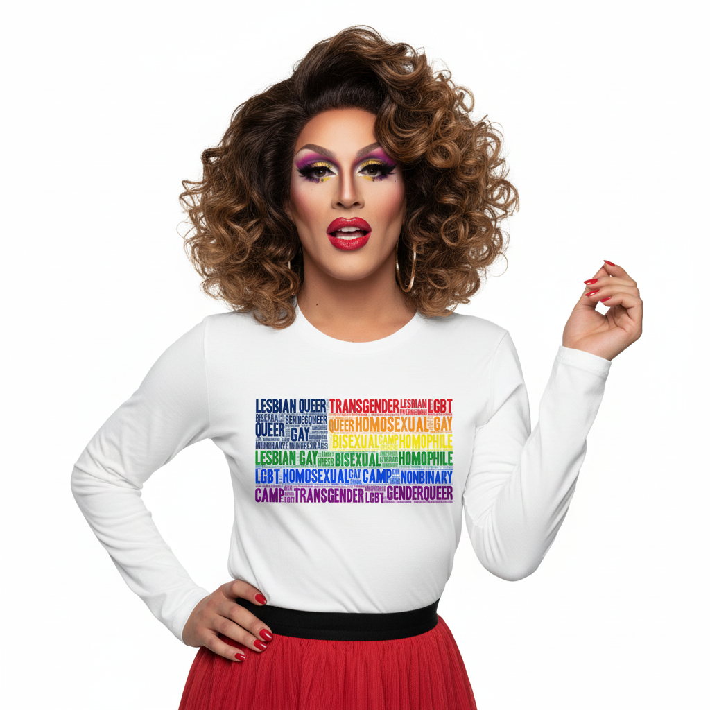 Gay USA Unisex Long Sleeve Tee with rainbow LGBTQ+ terms, worn by a drag queen in a red skirt, bold makeup, and lipstick.