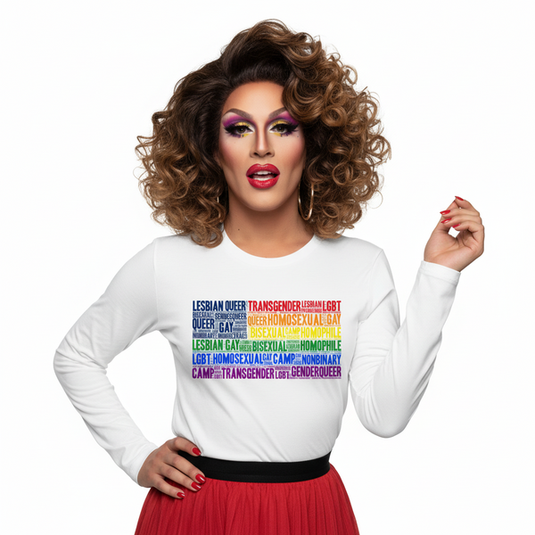 Gay USA Unisex Long Sleeve Tee with rainbow LGBTQ+ terms, worn by a drag queen in a red skirt, bold makeup, and lipstick.