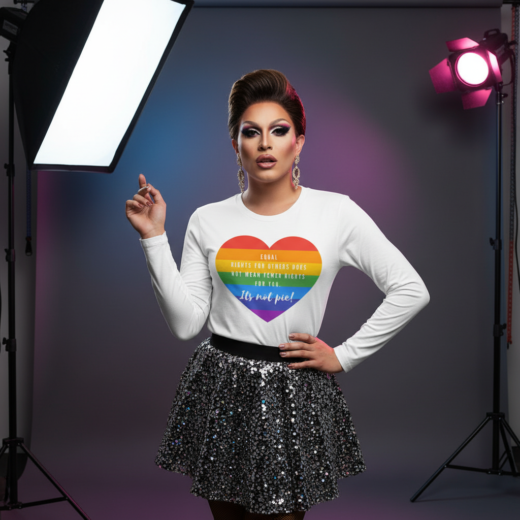 Drag performer models the It's Not Pie Unisex Long Sleeve T-Shirt, featuring a bold rainbow heart and empowering slogan. Paired with a black sequin skirt, exuding confidence and queer pride.