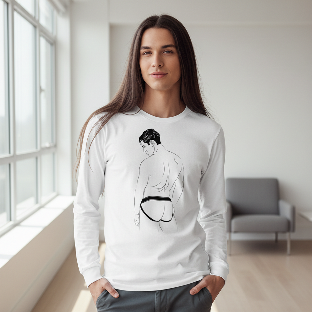 Person modeling a white long-sleeve shirt with a black jockstrap illustration
