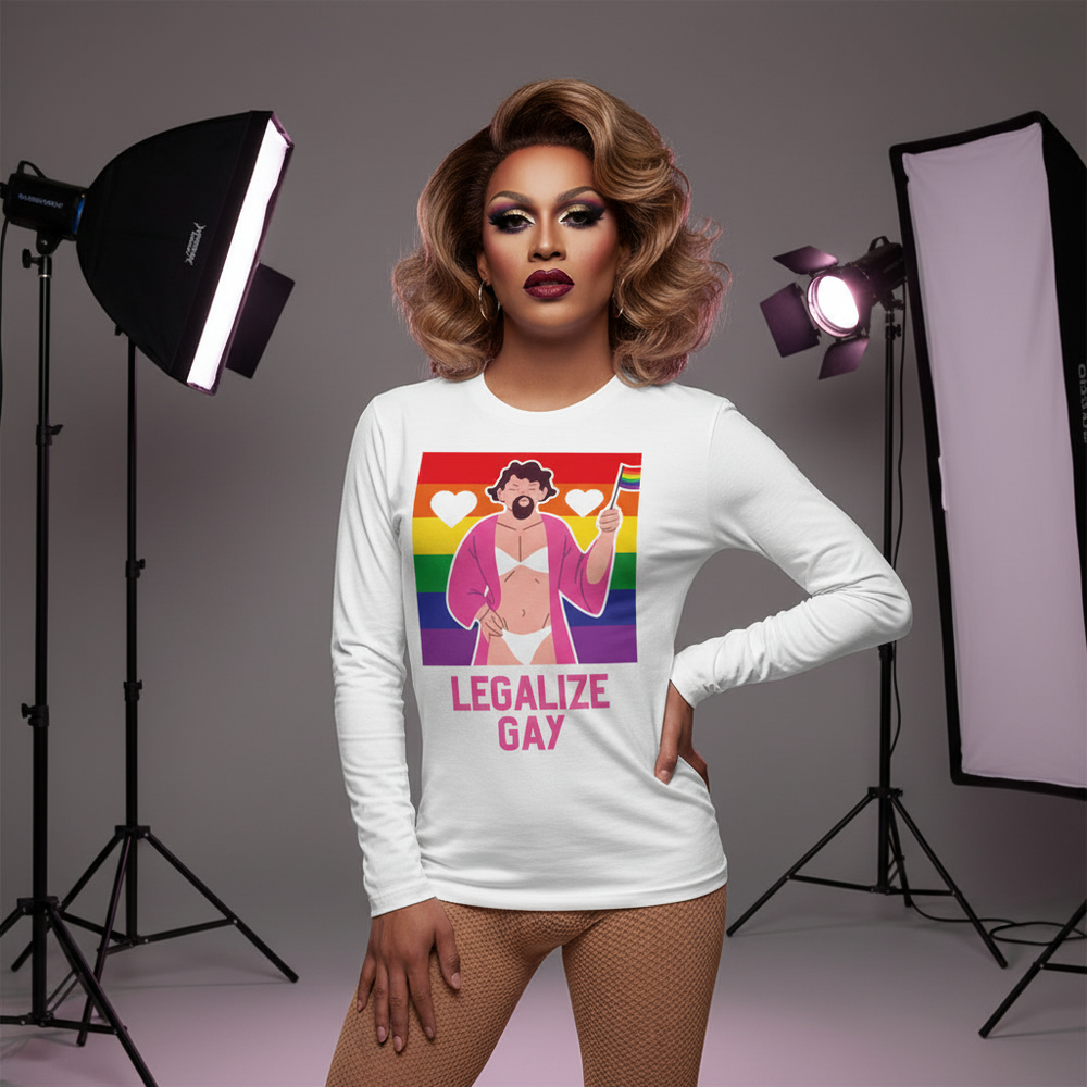 Front-facing model in a white long-sleeve shirt reading “LEGALIZE GAY” with a rainbow graphic