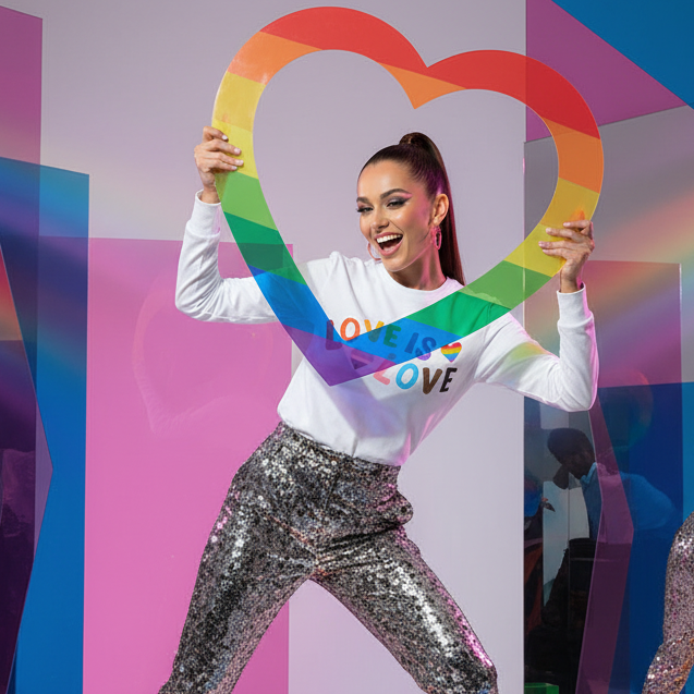 Young person joyfully holds a rainbow heart cutout, wearing the Love is Love Unisex Long Sleeve T-Shirt with rainbow-accented text, embodying pride and self-expression in sparkly silver pants.