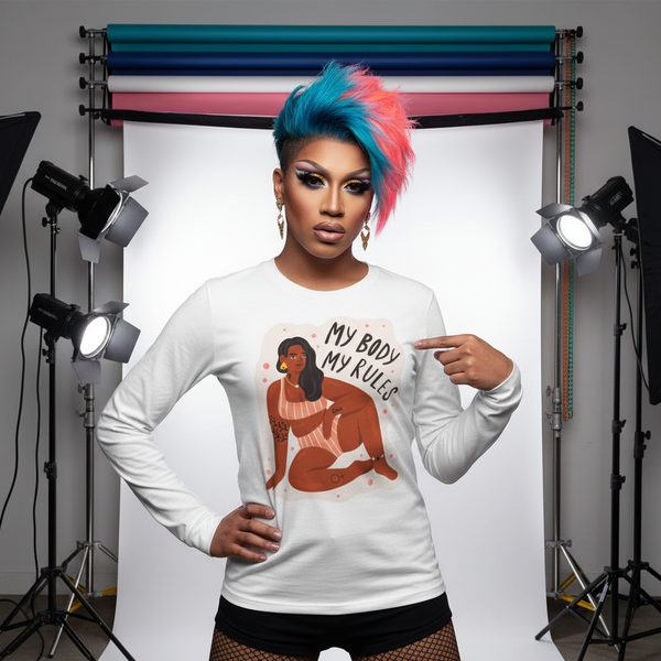 Model in a white long-sleeve shirt reading “My Body My Rules,” pointing to its graphic