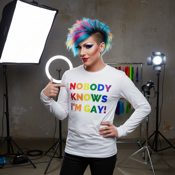Model in a white long-sleeve shirt reading “NOBODY KNOWS I’M GAY!” in rainbow letters