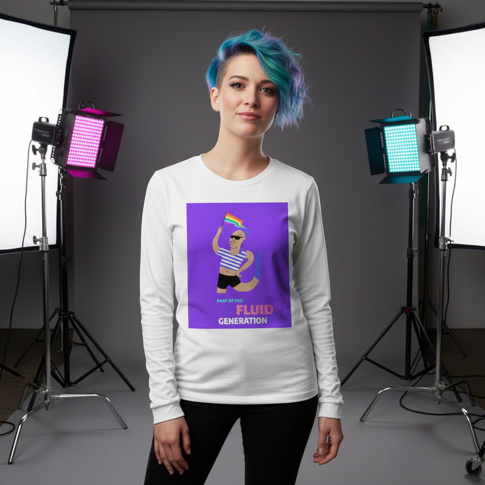 Model wearing a white long-sleeve shirt with a purple fluid-generation graphic