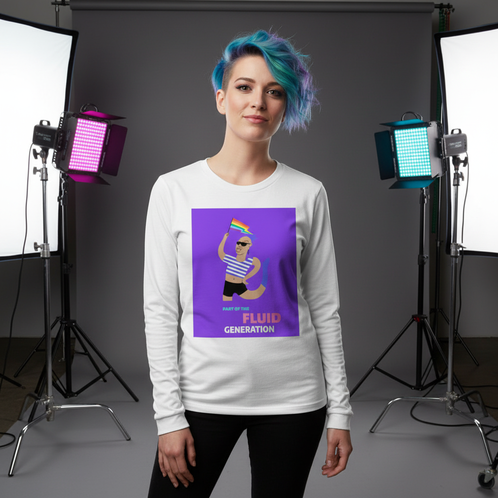 Model wearing the Part Of The Fluid Generation Unisex Long Sleeve T-Shirt featuring a bold purple square with a pride flag illustration, embodying joyful queer energy and self-expression.