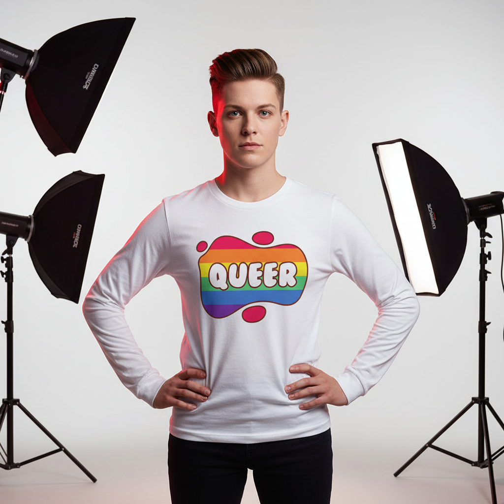 Front-facing model wearing a white long-sleeve shirt with a rainbow QUEER graphic