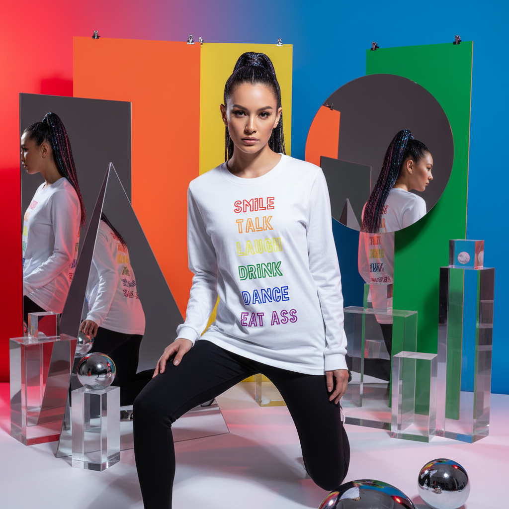 Young woman wearing the Smile, Talk, Laugh, Drink, Dance, Eat Ass Unisex Long Sleeve T-Shirt, kneeling in vibrant studio with geometric shapes, embodying bold queer self-expression and LGBTQIA+ pride.