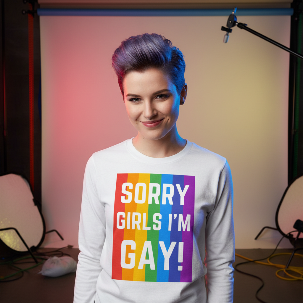 Person in a studio wears the Sorry Girls I'm Gay! Unisex Long Sleeve T-Shirt, showcasing bold rainbow stripes and empowering text. The shirt embodies pride and self-expression with its comfortable, versatile design.