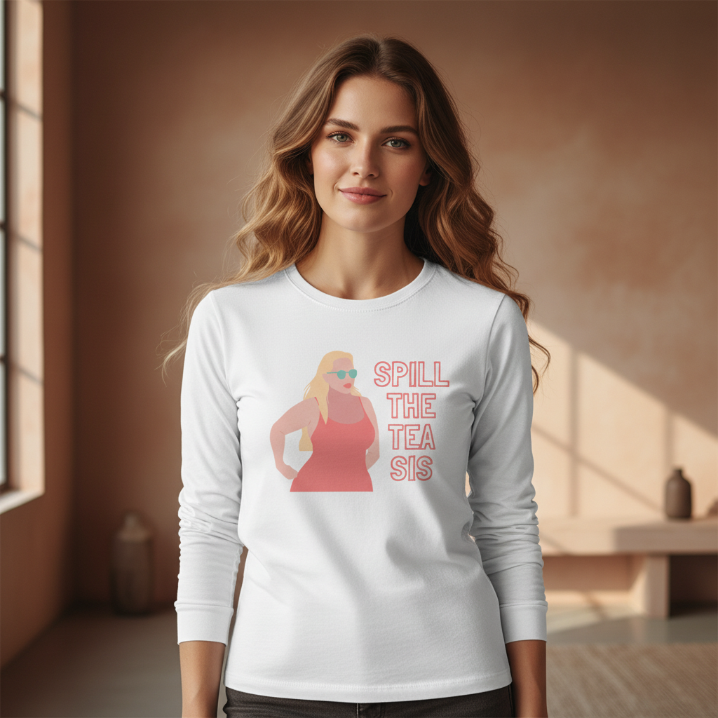 Young woman models the Spill The Tea Sis Unisex Long Sleeve T-Shirt, featuring a bold graphic of a confident figure, embodying proud queer self-expression and versatile style for any occasion.