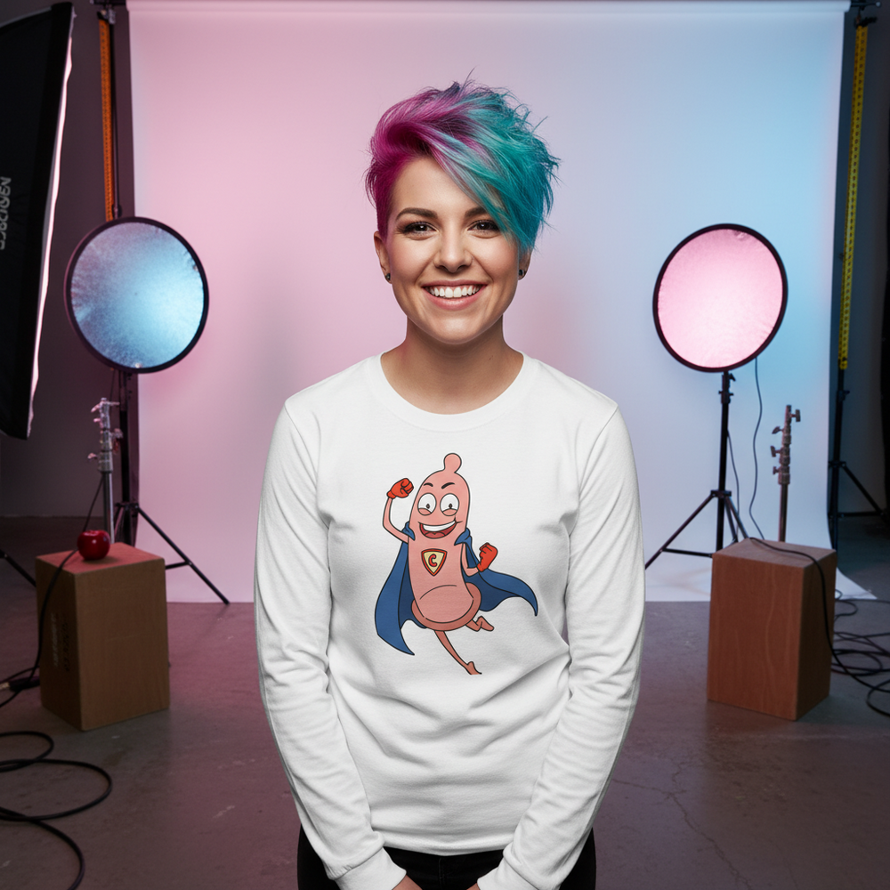 Person modeling a white long-sleeve shirt with a flexing caped cartoon condom graphic