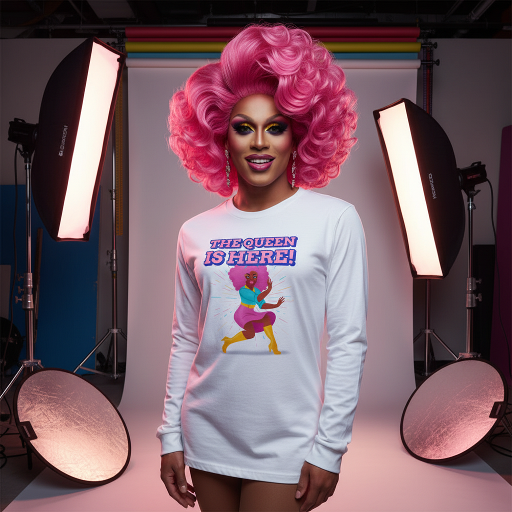 Drag performer in a bright pink wig and vibrant stage makeup models The Queen Is Here Unisex Long Sleeve T-Shirt, showcasing bold self-expression and queer pride with its colorful illustration and slogan.