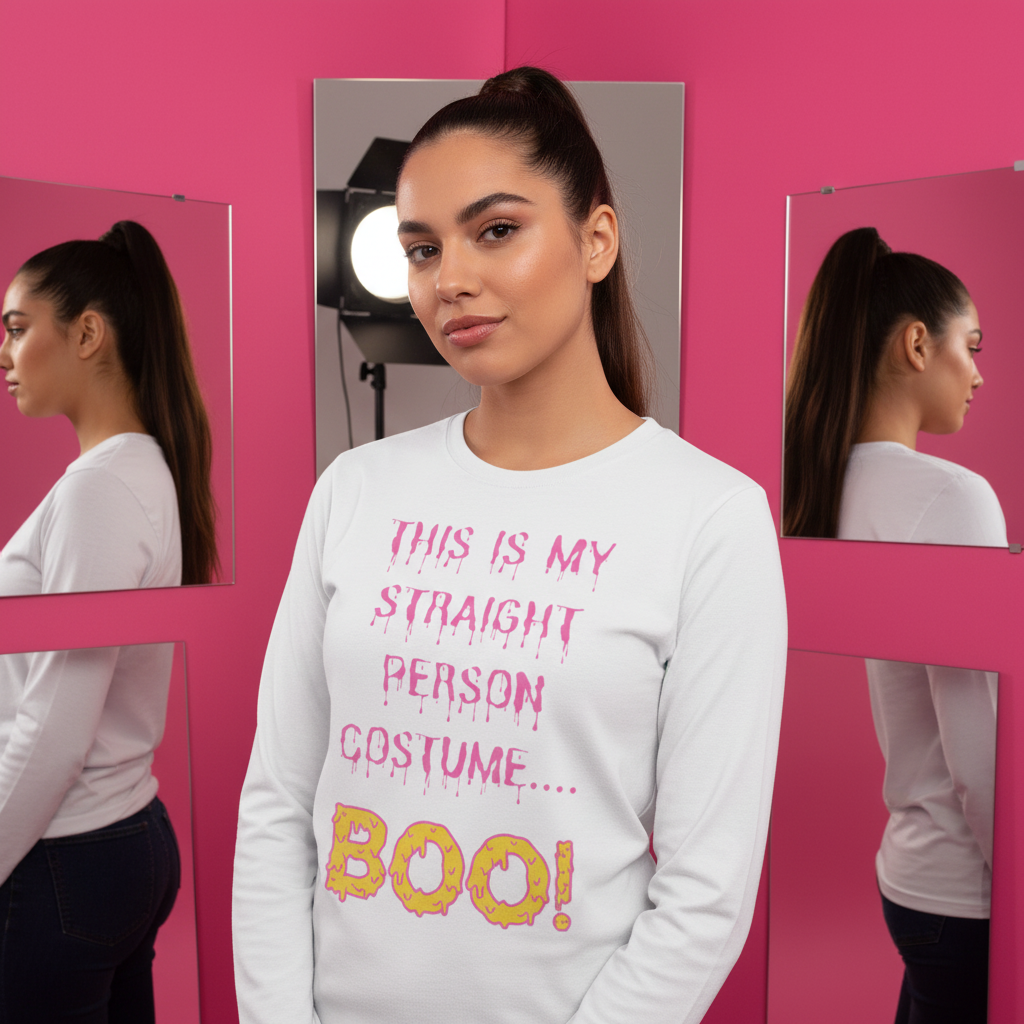 Front-facing model wearing a white long-sleeve shirt reading “THIS IS MY STRAIGHT PERSON COSTUME... BOO!”
