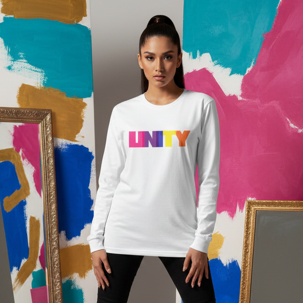 Model wearing a white long-sleeve shirt with colorful UNITY lettering