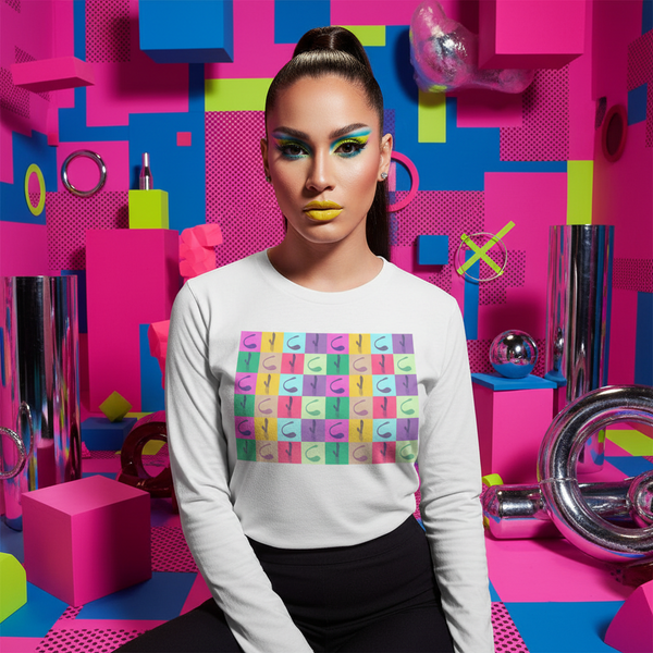 Model wearing a white long-sleeve shirt with a colorful repeated abstract symbol grid