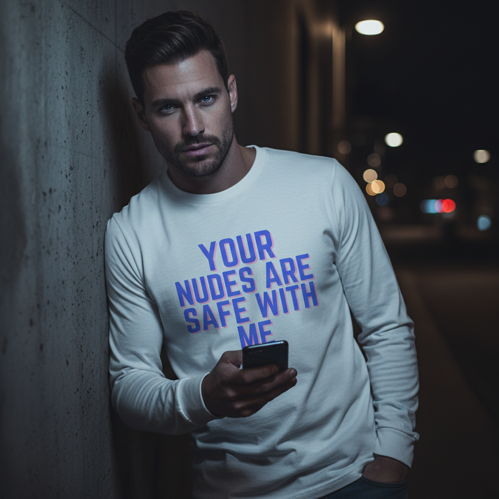 Unisex long sleeve tee with "Your Nudes Are Safe With Me" slogan, worn by a bearded man at night under glowing streetlights.
