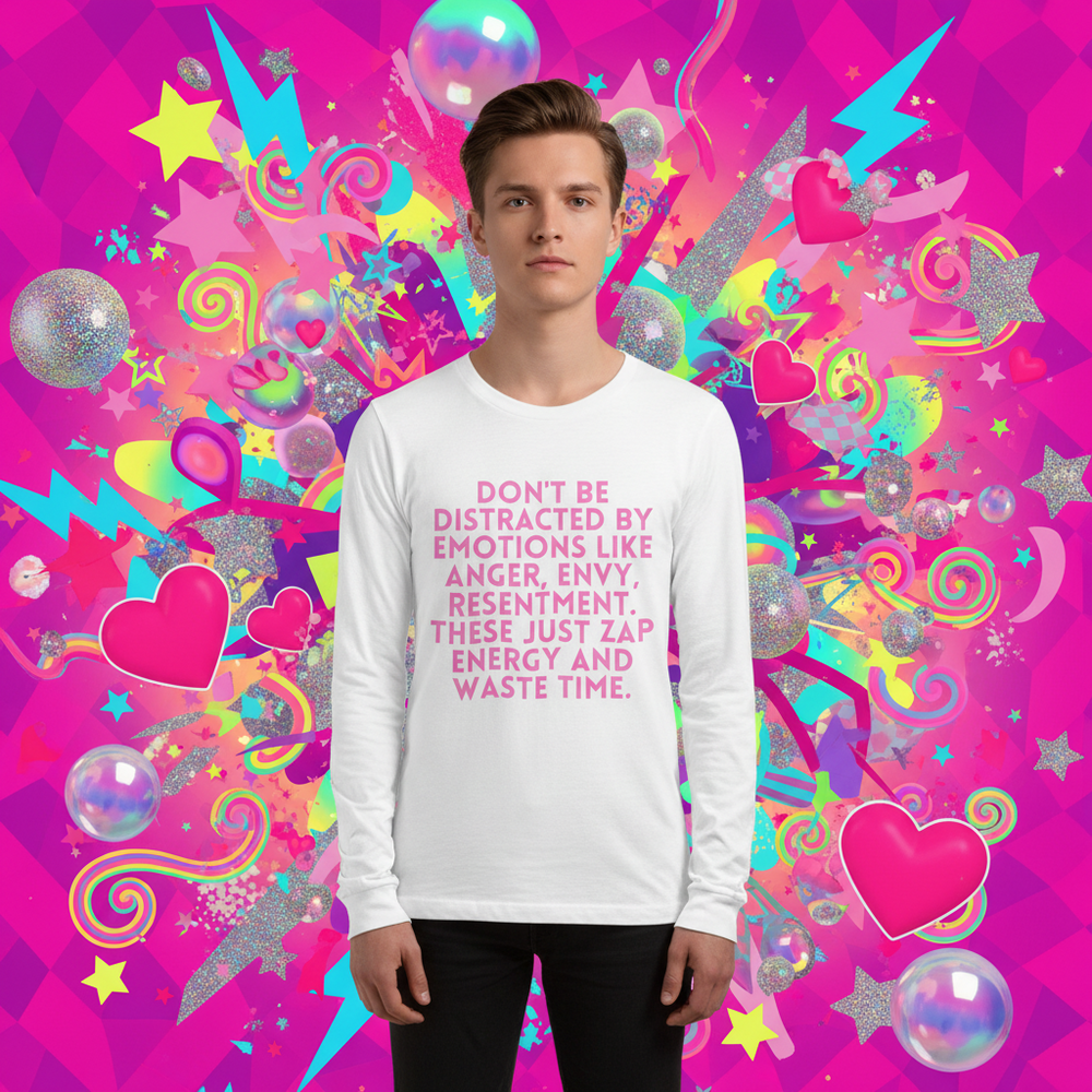 Front-facing model in a white long-sleeve shirt with pink text, against a colorful pop-art backdrop