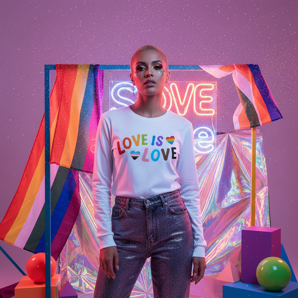 Model wearing a white long-sleeve shirt reading “LOVE IS LOVE” with rainbow heart motifs