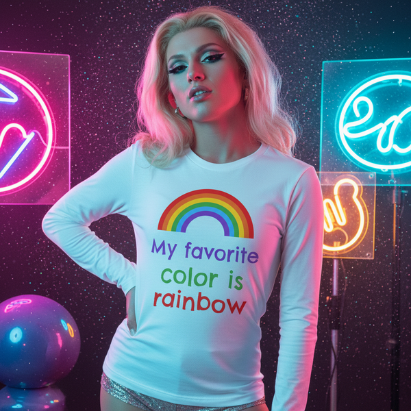 Model wearing a white long-sleeve shirt with a rainbow and “My favorite color is rainbow” text