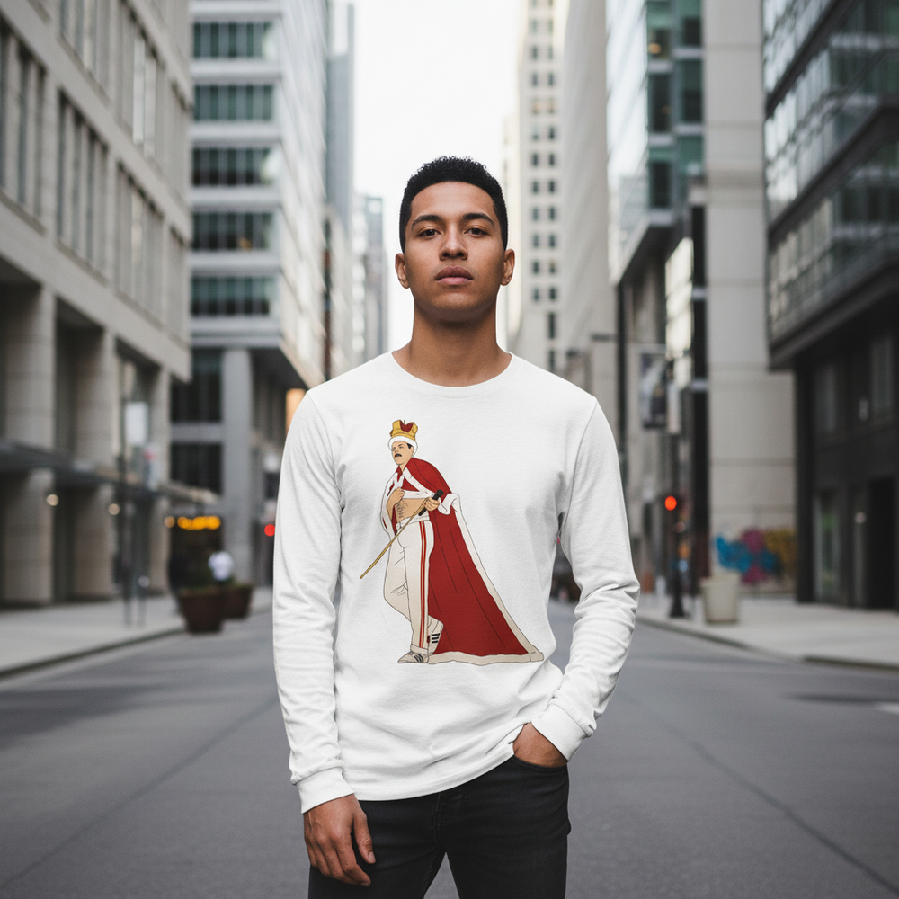 Model in a white long-sleeve shirt with a crowned performer illustration on a city street