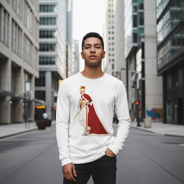 Model in a white long-sleeve shirt with a crowned performer illustration on a city street