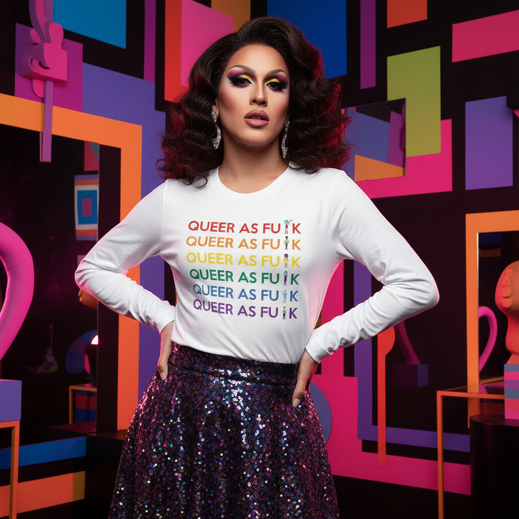 Model wears a white long-sleeve shirt reading “QUEER AS FU*K” in rainbow rows